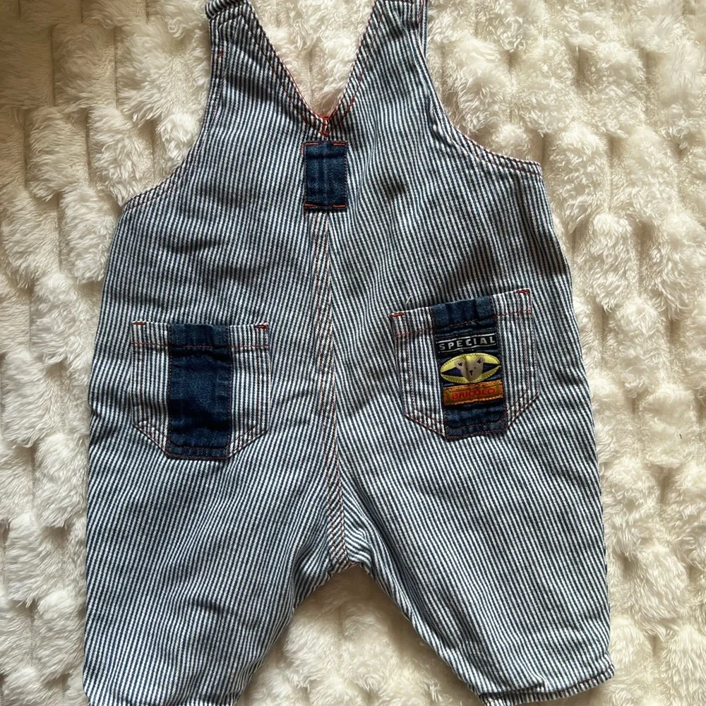 Vintage Bricolo Railroad Stripe Bear Overalls Romper Baby 3–6M Denim - Picture 2 of 5